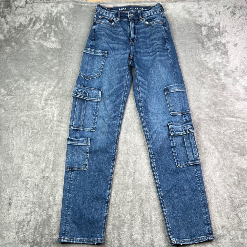 American Eagle Super High-Rise Baggy Straight Jeans Women 000 Blue Stretch Cargo